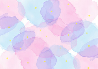 Abstract watercolor splashes in pastel pink, blue, and purple with yellow dots