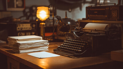Orderly workspace of World War II headquarters with typewriter and documents