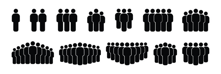People 1, 2, 3, 4, 5, 6, 7, 8, 9, 10 icon set. Crowd signs. Containing participants, group, team, meeting, organization, community, population, audience, member, discussion, assembly, interview.