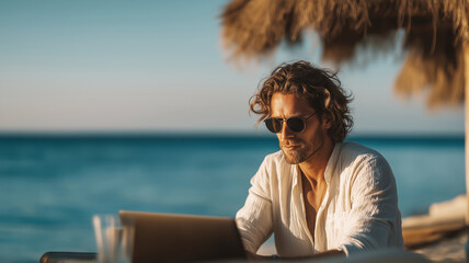 Man working remotely on laptop by the beach, wearing sunglasses and casual white shirt, golden sunset light creating a relaxed summer vibe.