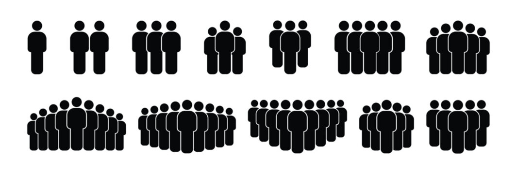 People 1, 2, 3, 4, 5, 6, 7, 8, 9, 10 icon set. Crowd signs. Containing participants, group, team, meeting, organization, community, population, audience, member, discussion, assembly, interview.