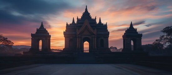 Fototapeta premium A majestic temple silhouetted against a colorful sunset sky, showcasing architectural beauty.