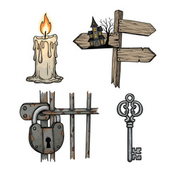 Handdrawn collection of spooky Halloween elements a lit candle haunted signpost locked gate and vintage key. © Alisya Design
