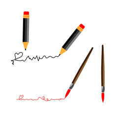 red pencil and brushes sketching art with love and passion on a white background