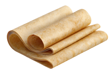 Rolled, light beige sheets with a floral pattern