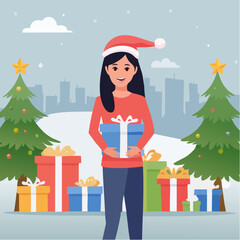 Beautiful brunette woman isolated with christmas gifts.