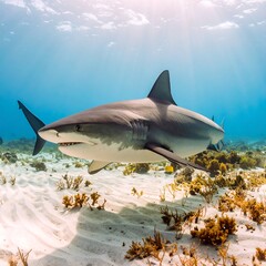 Fototapeta premium Shark swimming ocean floor, Caribbean sea