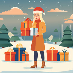 Beautiful blonde girl holding Christmas winter presents