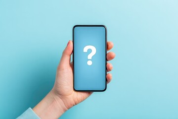 Hand holding smartphone with question mark on screen