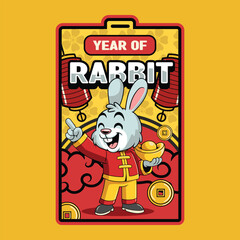Cute rabbit in traditional outfit holding gold ingot, celebrating Chinese New Year Illustration in sticker illustration
