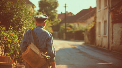World War II era postman walking down a quiet street in a small town