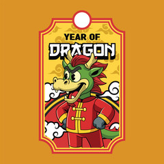 Cheerful dragon in red Chinese outfit, smiling proudly for the Lunar New Year celebration in sticker illustration