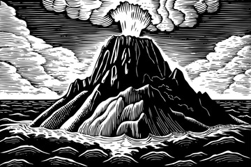 Fototapeta premium Volcanic island with rocky cliffs, smoke rising from crater, dramatic natural power illustrated in expressive black and white sketch.