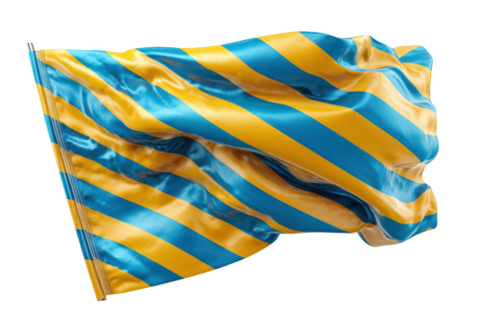Diagonal striped flag with blue/yellow. Textured fabric billows on black
