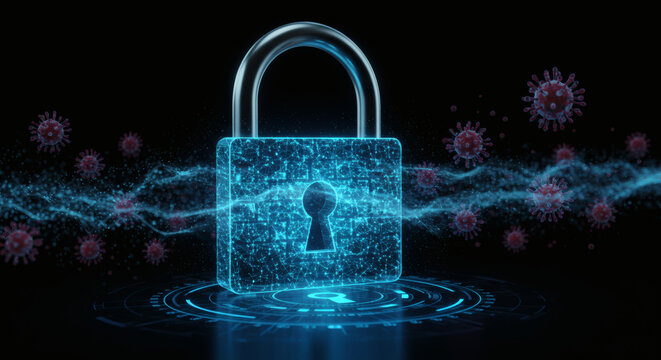 Futuristic digital padlock symbolizing cybersecurity and protection against viral threats and pandemics on a dark background - Powered by Adobe