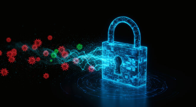 Futuristic digital padlock defending against abstract viral threats, symbolizing advanced cybersecurity, data protection, and network security in the modern technological landscape