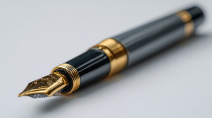 Ink's Legacy: Close-up of an exquisite fountain pen, its golden nib poised, capturing the essence of elegance and sophistication, a symbol of legacy, creativity, and precision.