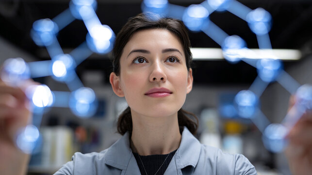 Young Woman Touching Futuristic Interface in a Laboratory Setting with Blue Light