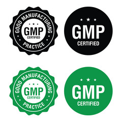 GMP Certified logo. Good Manufacturing Practice Certified Set Badge, Stamp, Icon, Seal, Label, Tag, Emblem For CBD Label Oil and Packaging Design. Vector Illustration