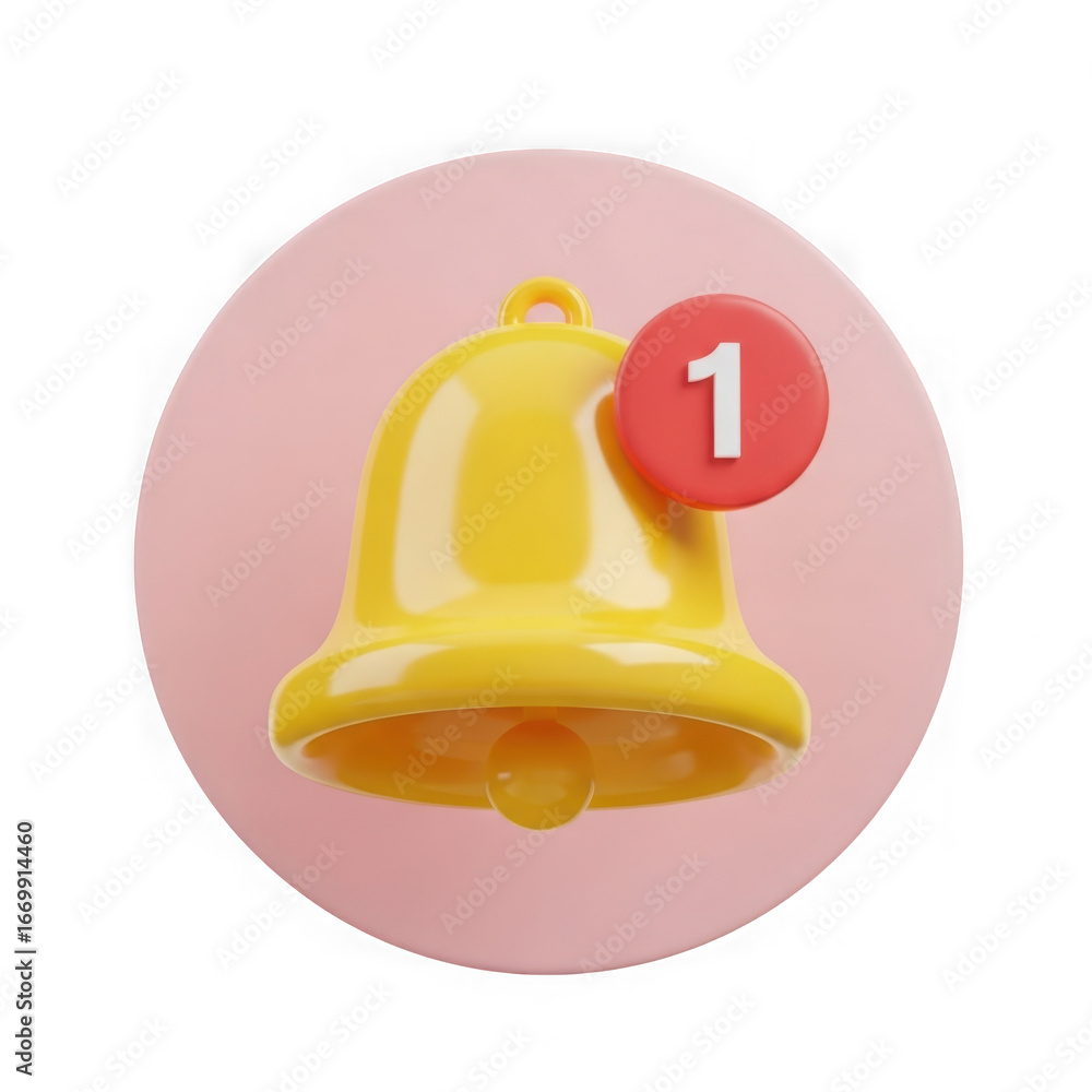 Aufkleber bright yellow notification bell icon with a red circle showing the number one isolated on transparen