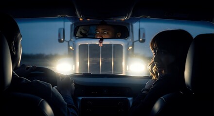 Fototapeta premium Menace in the Mirror: The glaring high beams of a tailgating truck fill the taxi with a predatory and menacing light.