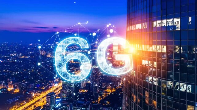 6G Technology Over Cityscape at Night with Skyscraper - Powered by Adobe