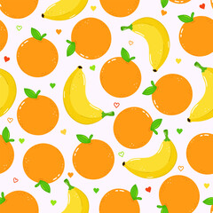 A colorful seamless pattern of oranges, bananas, and heart shapes on a white backdrop.