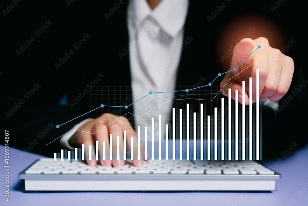 Poster business professional analyzing financial data on computer keyboard with graphs and charts displayed