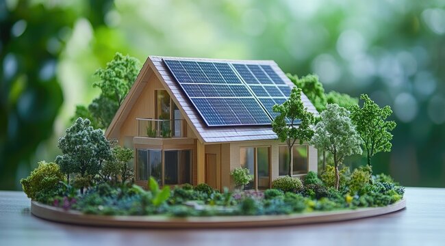 Small wooden model house with solar panels, garden, and trees