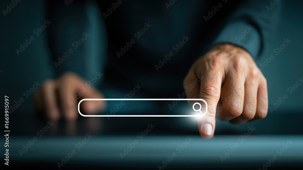 Poster navigating the digital frontier: a close-up shot of a hand interacts with a digital search interface