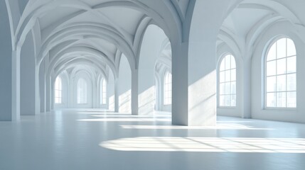 Fototapeta premium Elegant Architecture Interior: A breathtaking perspective of a pristine, light-filled interior. Long corridors and gracefully arched doorways, create a sense of calm and serenity.