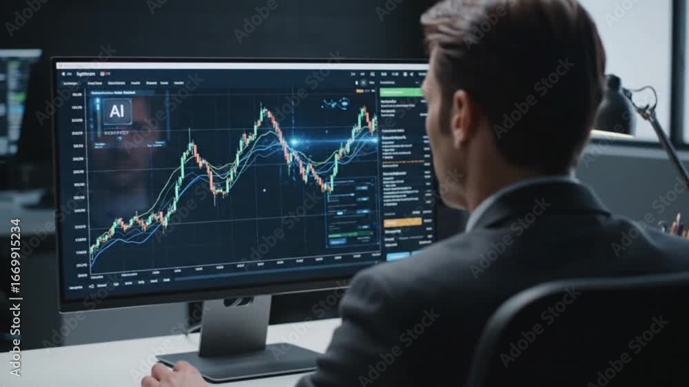 Poster a focused professional meticulously analyzes complex financial market data and ai-powered stock char