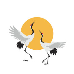 Chinese painting with cranes dancing together in front of a bright yellow sun, vector illustration. Traditional symbol of longevity, wisdom, and good fortune  