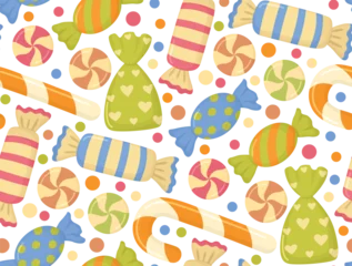 Fotobehang Naadloze herfst Playful and sweet seamless pattern with mix of candies in bright wrappers caramels and confetti.  © Olga Dykun