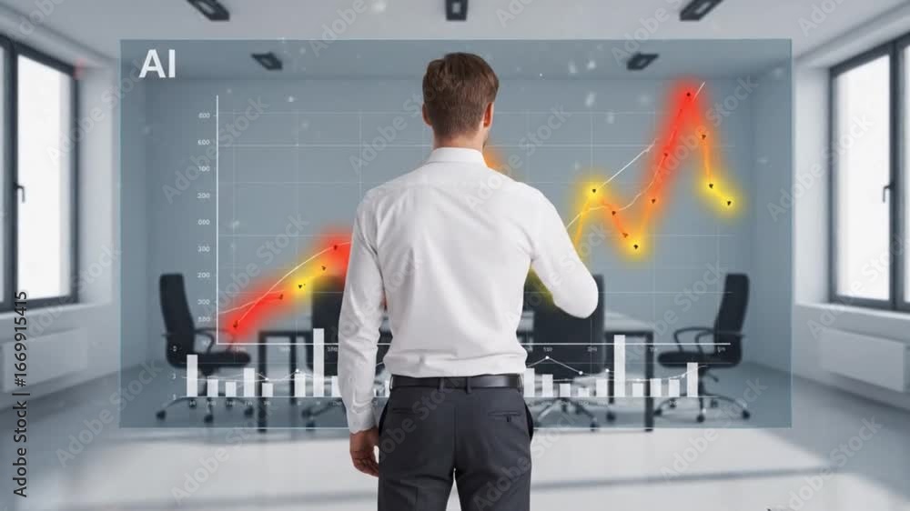 Poster a professional in a modern office intently studies a glowing artificial intelligence graph, visualiz