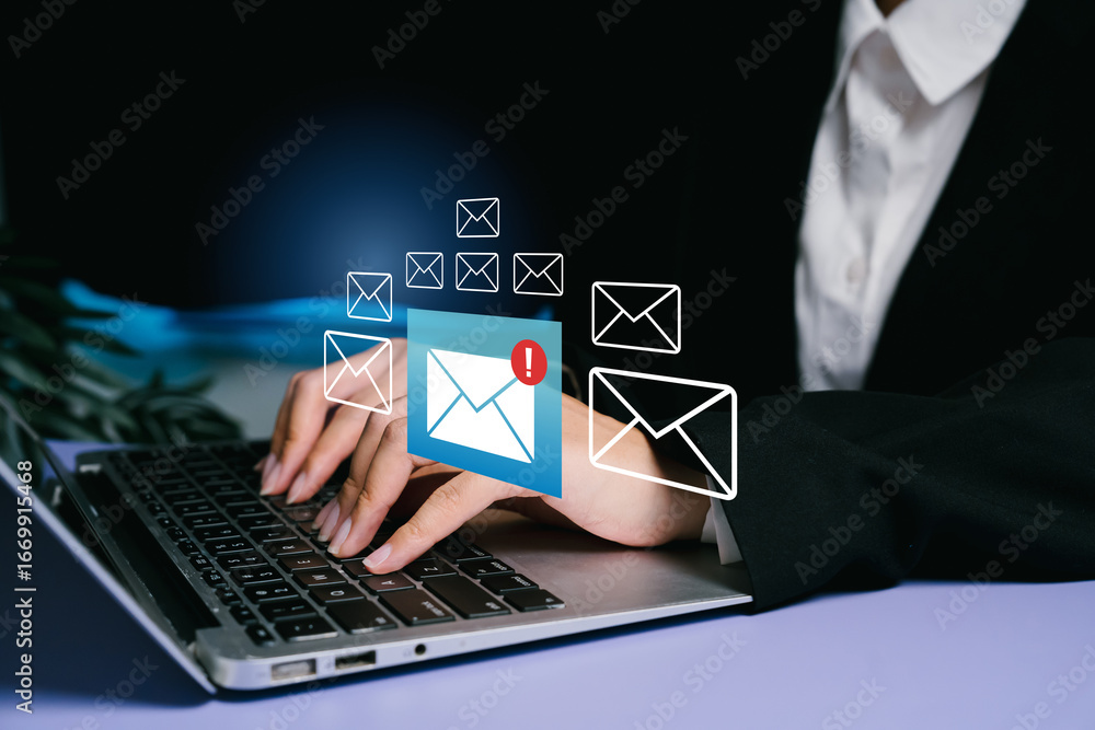 Poster professional woman using laptop for email communication with notifications and digital icons symboli