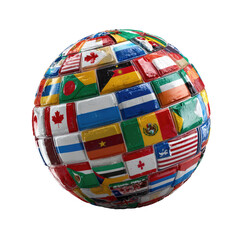 Earth sphere composed of diverse, textured country flags, global unity concept