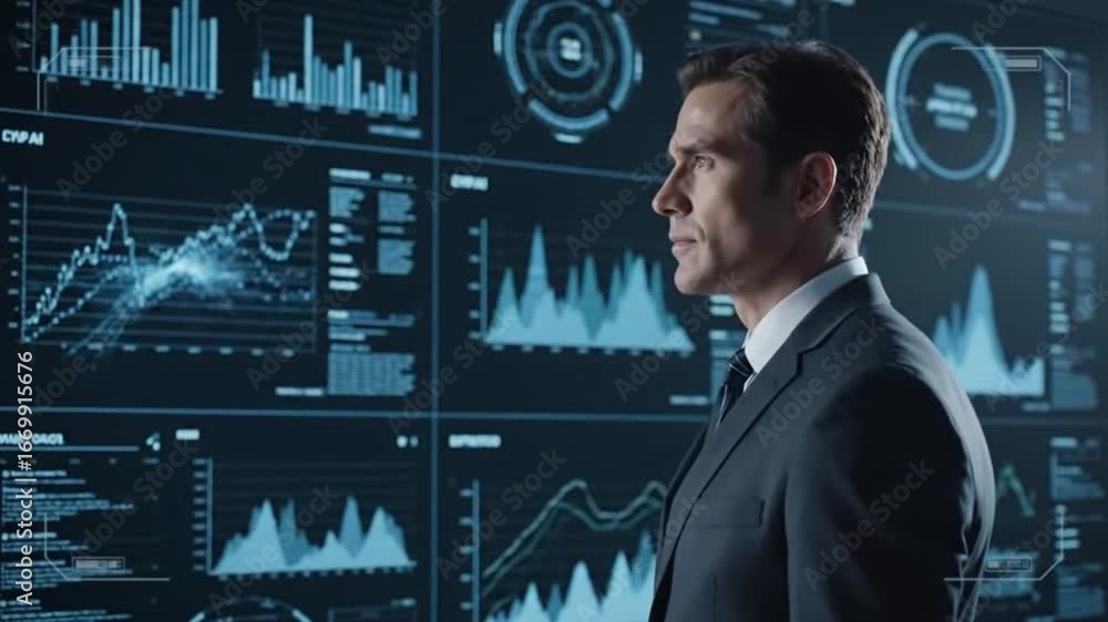 Poster a professional businessman in a dark suit intently observes complex digital data visualizations, fin