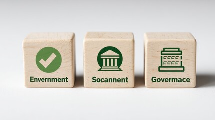 Blocks of Governance: A stylized composition features three wooden blocks, each emblazoned with a distinct symbol representing the pillars of governance &ndash; Environment, Society, and Governance.