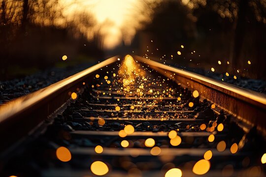 Golden sparks on railway tracks at sunset - Powered by Adobe