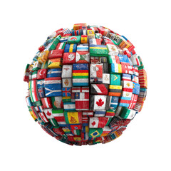 Globe made from world flags, showcasing diversity and global unity on black background