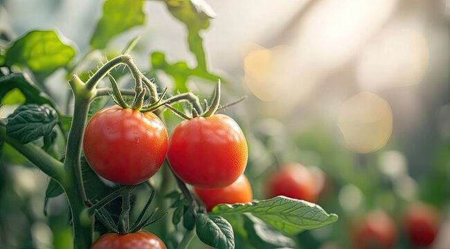 Fresh tomatoes on the vine in a greenhouse - Powered by Adobe