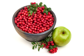 Lingonberries and green apple, Vaccinium vitisidaea, isolated on white background