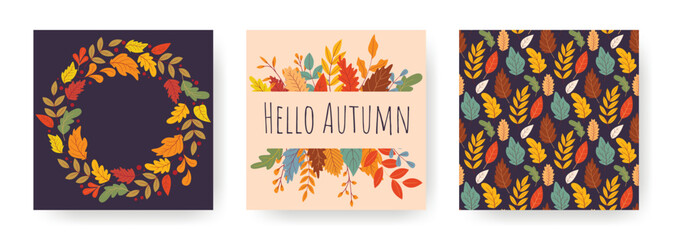 Set of autumn square templates for social networks. Layout with fall pattern, wreath and frame. Background with space for text for design of leaflets, booklets, flyers, brochures and other products.
