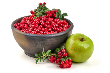 Lingonberries and green apple, Vaccinium vitisidaea, isolated on white background