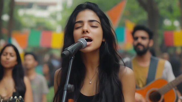 Young hispanic woman singing outdoors at music festival with guitarist and colorful decorations