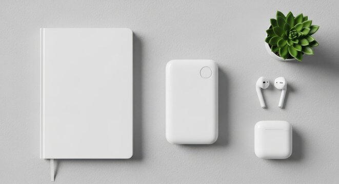 A minimalist flat lay of essential modern gadgets and a succulent plant on a light gray background