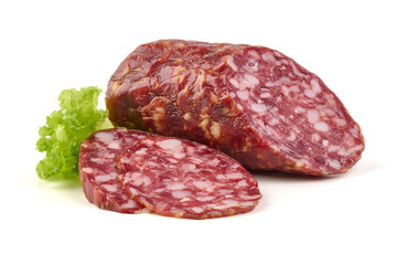 Italian salami sausage, isolated on white background