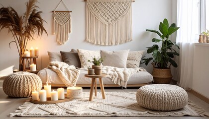 Cozy living room features macrame wall art and candles creating a warm and inviting atmosphere with natural light and bohemian decor.