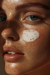 Close-up of a young woman's face with freckles and sunscreen applied. Skin care brand campaign ad